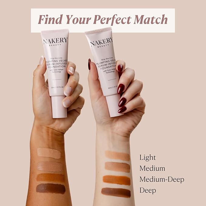 Nakery Full Coverage Plumping Liquid Foundation - Serum Infused Makeup with Niacinamide & Hyaluronic Acid for All Skin Types - Medium