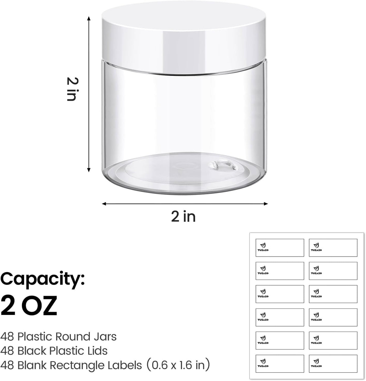 TUZAZO 48 Pack 2 Oz Small Plastic Container Jars with Lids and Labels BPA Free, Empty Round Clear Cosmetic Containers Plastic Slime Jars for Lotion, Cream, Ointments, Samples, Travel Storage (48)