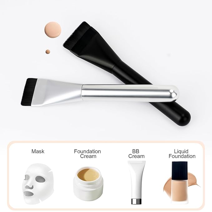 2Pcs Flat Foundation Brush,Face Mask Brush Makeup Spatula Facial Brush for Liquid Foundation Mask,Premium Face Korean Makeup Brush for Blending Cream (Black&Silver)