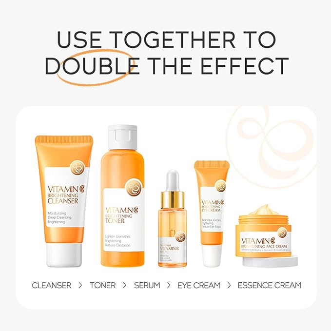 Skin Care Set ,Vitamin C Facial Serum Care Set ,Skin Care Routine Kit -Cleanser, Face Serum, Face Cream,Toner, Eye Cream,Anti- Aging Skin Care Sets & Kits,Women Gift Sets (SetD)