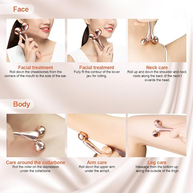 3D Face Roller Metal Facial Massager Face Sculpting Gua Sha Massage Tool for Eye Skin Care Reducing Puffiness Anti-Wrinkle for Women Girl Gift Set(Rose Gold)