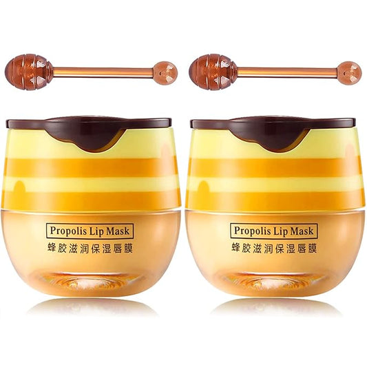 Bee Lip Mask Balm Honey Pot, 2PCS Honey Lip Sleeping Mask Hydrating Prevention Dry and Cracked Lip Scrubs Exfoliator, Overnight Lip Mask Reduces Lip Lines