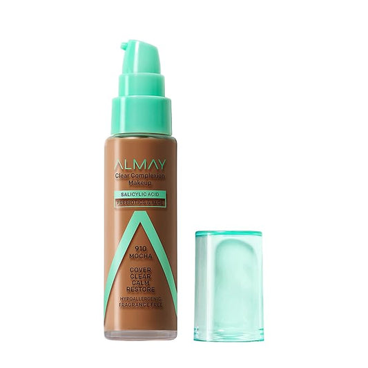 Almay Clear Complexion Acne Foundation Makeup with Salicylic Acid - Lightweight, Medium Coverage, Hypoallergenic, Fragrance-Free, for Sensitive Skin, 910 Mocha, 1 fl oz.