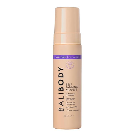 Bali Body Deep Violet Self Tanning Mousse – Self Tanner Mousse Violet-Based Formula for Dark, Fake Tan with Olive Undertones – Hydrating, Sunless Tanner for Sensitive Skin – 200ml / 6.7fl oz