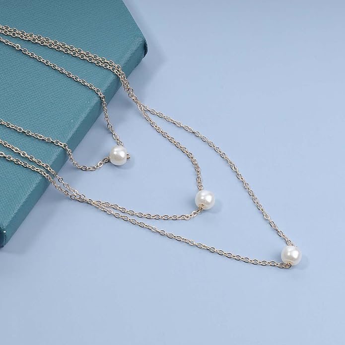 Boho Layered Pearl Necklace Choker Gold Pearl Pendant Necklace Multi Layer Vintage Necklace Chain Bridal Necklace Jewelry for Women and Girls