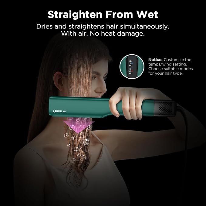 IG INGLAM Air Straightener, Style From Wet Hair, 2.2" Dryer Straightener, 200M Negative Ionic, One-Step Air Straight for Medium and Long Hair (14"-30"), Dark Green