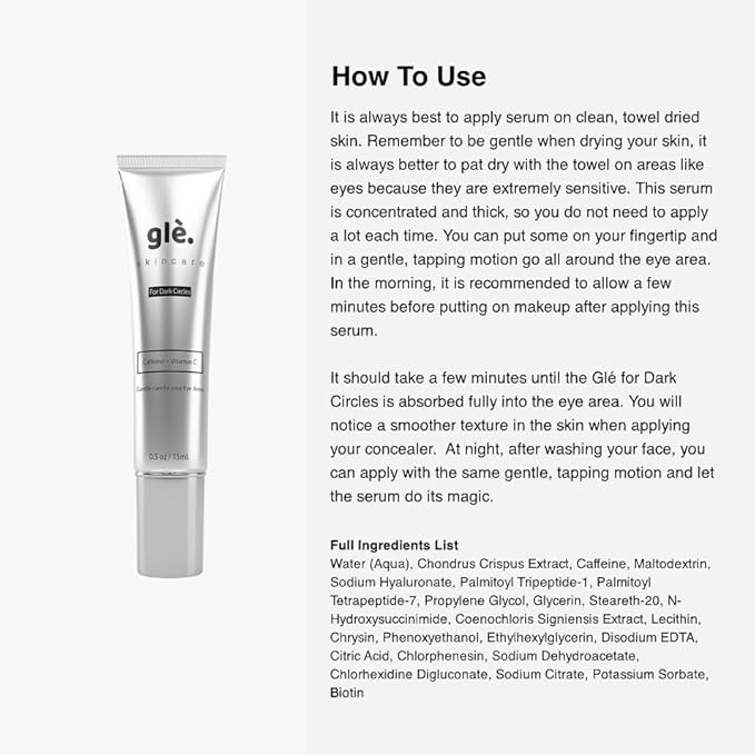 Gle Vitamin C Eye Serum for Dark Circles, Eye Wrinkles and Redness | Dark Circle Under Eye Puffy Eyes Treatment | Caffeine, Vitamin C Hyaluronic Acid | Hydrating & Brightening Scent-Free Travel Size