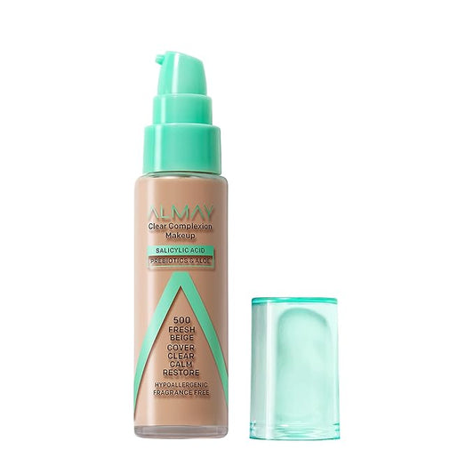 Almay Clear Complexion Acne Foundation Makeup with Salicylic Acid - Lightweight, Medium Coverage, Hypoallergenic, Fragrance-Free, for Sensitive Skin, 500 Fresh Beige, 1 fl oz.