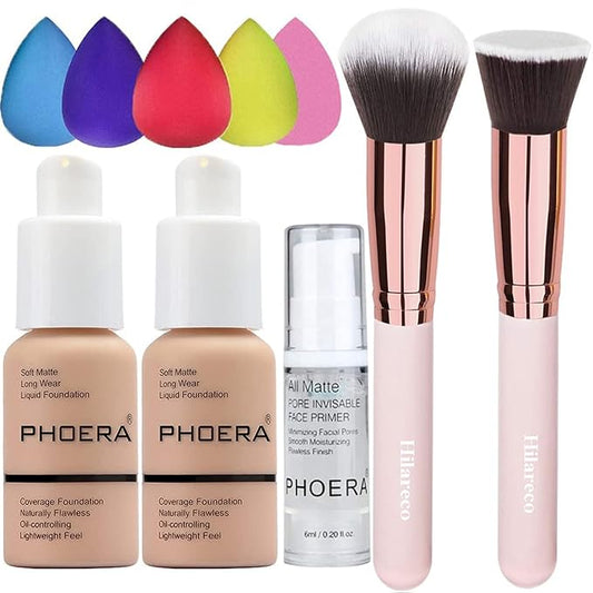 2 Pack PHOERA Foundation Warm Peach 103 and Face Primer,Liquid Full Coverage Foundation Set,Foundation Brush Powder Brush,5 Makeup Sponge, 24HR Matte Oil Control Concealer (103- Warm peach)