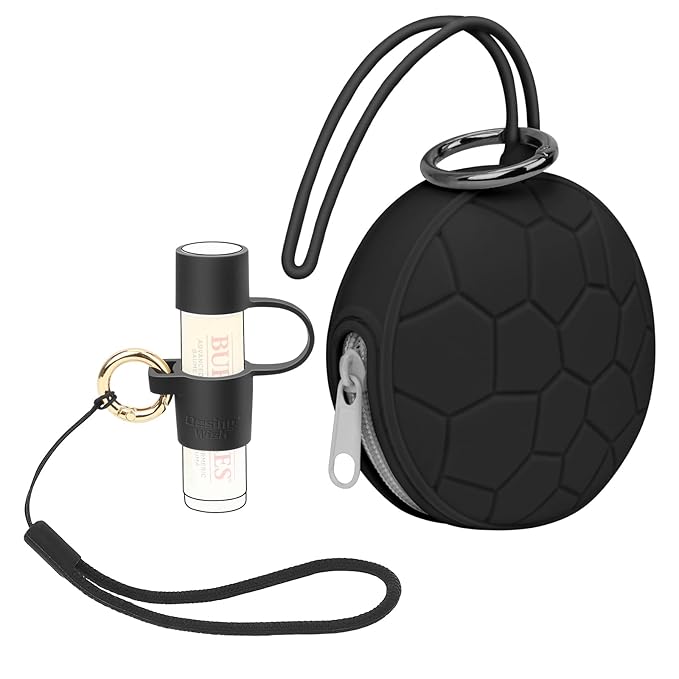 Desing Wish Silicone Lip Balm Holder with Silicone Zipper Pouch, Portable Lip Balm Keychain Sleeve - Silicone Storage Bag for Lip Balms/Small Cosmetics/Earphones/Keys - Black