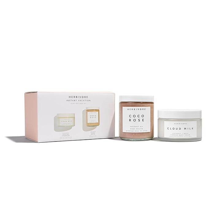 HERBIVORE Instant Vacation Silky Soft Body Gift Set | Coco Rose Coconut Oil Body Polish & Cloud Milk Coconut + Maca Firming Body Cream, Plant Based, Vegan, Cruelty Free