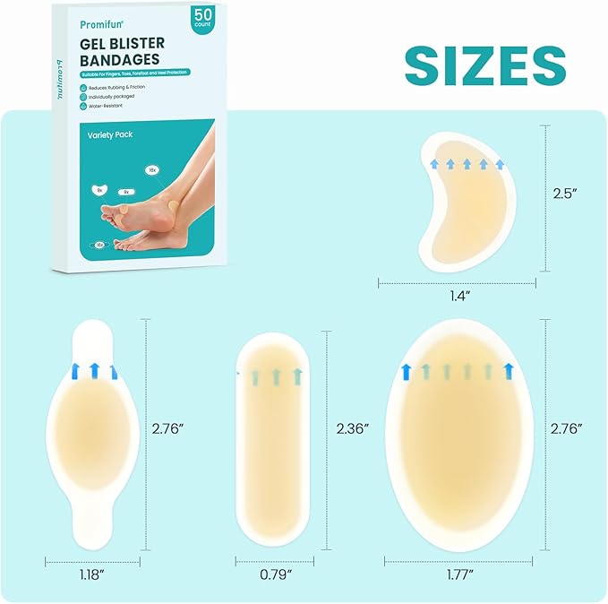 Blister Bandages Blister Pads - 50 ct Blister Cushions - Water Resistant Hydrocolloid Bandages for Foot, Toe, Heel - Gel Blister Bandages for Prevention & Recovery, Variety Pack