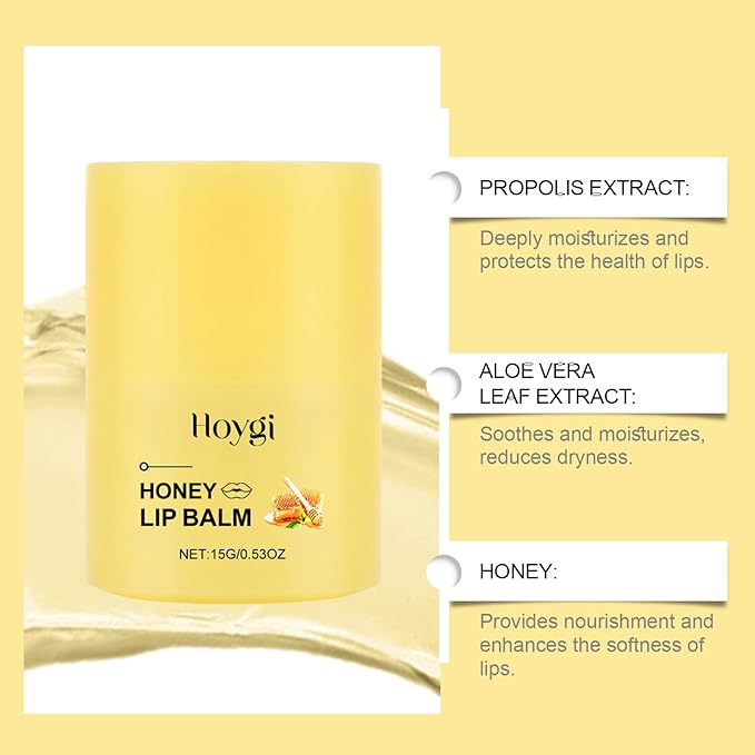 Honey Lip Balm, Propolis Long Lasting Hydrating Lip Butter & Mask, Overnight Nourishing Care, Gentle Exfoliation, Non-sticky Fresh Texture