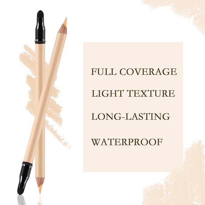 2pcs Concealer Pencil with Sponge,Full Coverage,Waterproof Under Eye Concealer Stick for Dark Circles,Blemishes,Aging Spots,Acne,Freckles