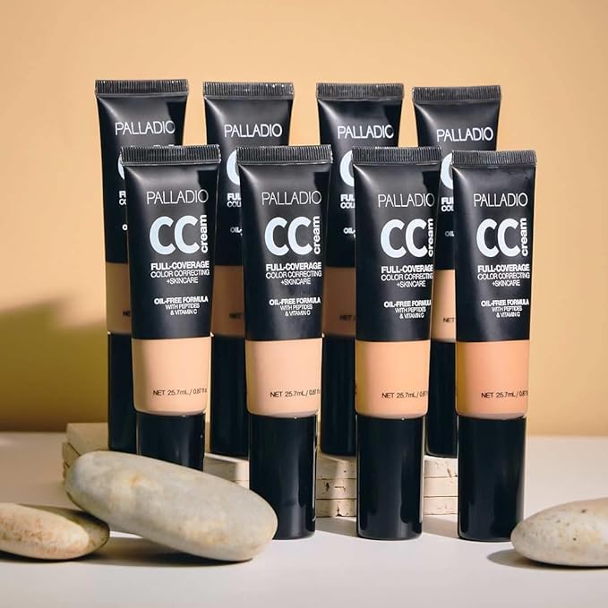 Palladio Full-Coverage Color Correction CC Cream, Oil-Free with Peptides & Vitamin C, Best for Correcting Redness and Uneven Skin Tone, Buildable Foundation Coverage (Rich 52W)