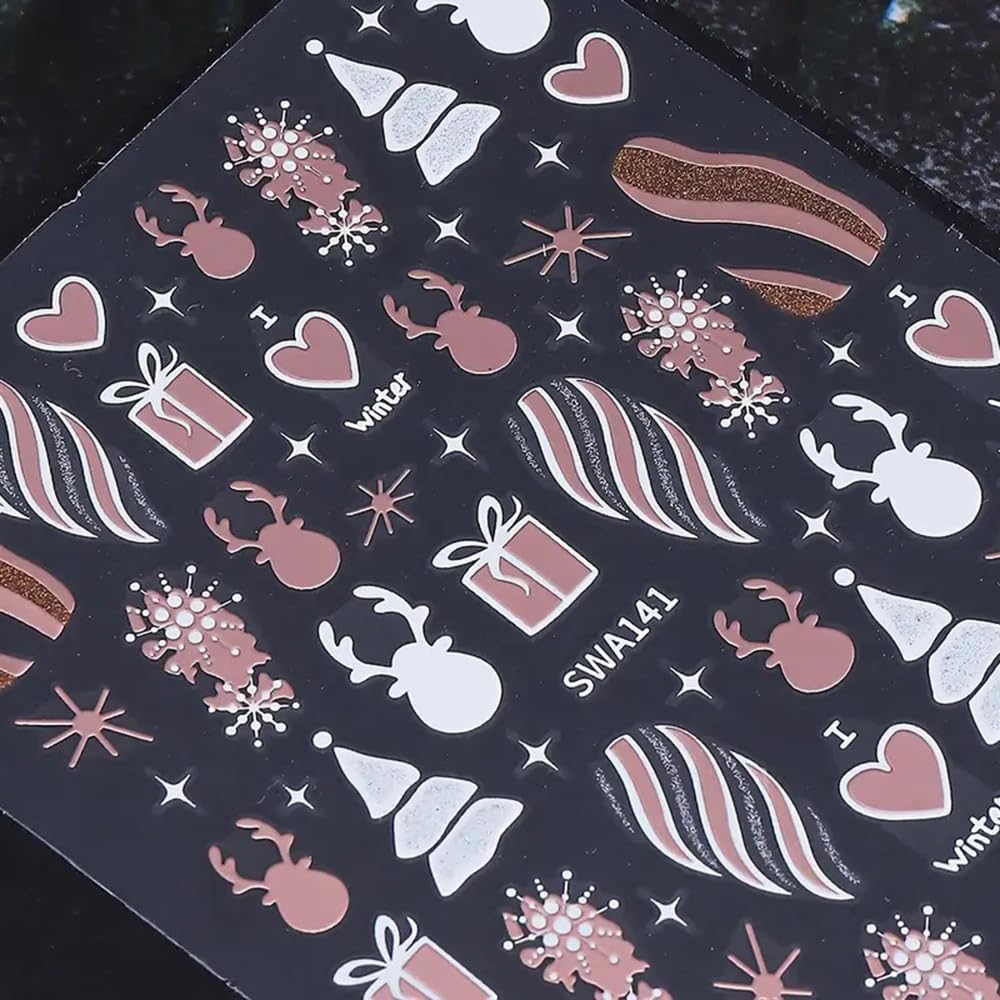 2PCS Christmas Nail Art Stickers, Winter Snowflake Reindeer Nail Stickers Christmas Gift Heart Pattern Self-Adhesive Nail Decals, DIY Nails Art Decoration, Festive Nails Supplies, Xmas Nails Charms