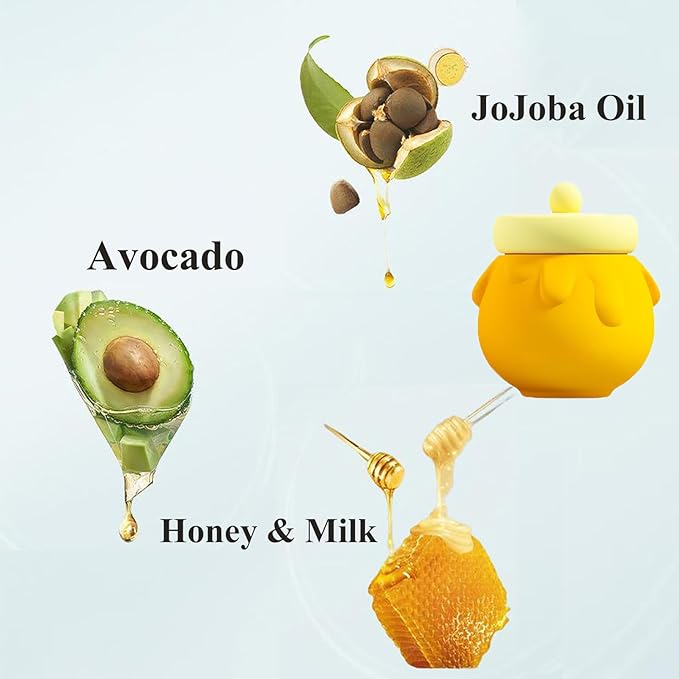 Honey Lip Mask, 3 In 1 Cute Hydrating Lip Mask for Women Girls, Honey Lip Balm with Wand, Milk Lip Masks for Dry Lips, Day and Night Night Lip Mask, Skin Care Lip Mask with Mirror