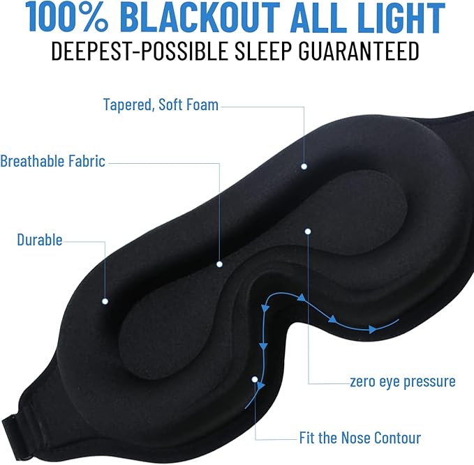 3D Sleep Mask for Men Women | 100% Blackout, Zero Eye Pressure, Breathable Material | Comfortable Night Blindfold for Sleeping, Travel and Meditation (Black)
