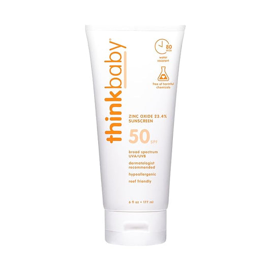Thinkbaby SPF 50+ Baby Mineral Sunscreen – Safe, Natural Sunblock for Babies - Water Resistant Sun Cream – Broad Spectrum UVA/UVB Sun Protection – Vegan Baby Sunscreen Lotion, 6 Oz.