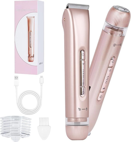 2 in 1 Women Electric Shaver, Dual Head Bikini Trimmer for Women IPX7 Waterproof Wet & Dry Use Electric Razors with Dual Heads Rechargeable Lady Trimmer for Bikini Underarm Leg Arm Body Face