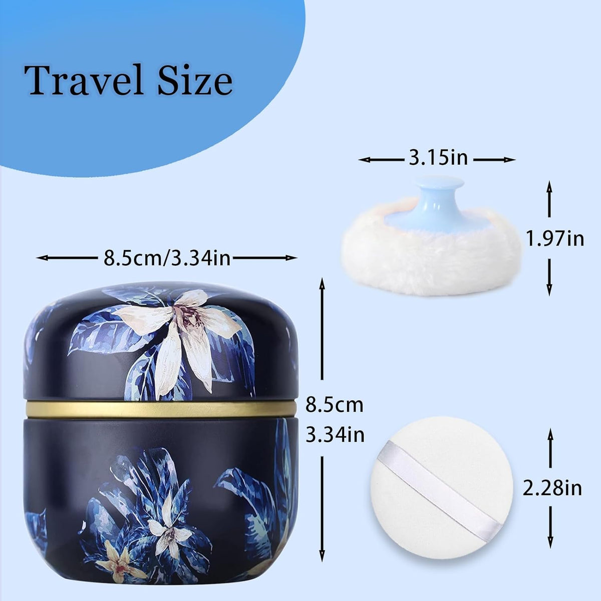 SHIMIDO Body Powder Puff and Container, 3.15" Portable Empty Body Powder Container for Baby Women's Loose Dusting Powder, Powder Case Box with Lids for Bath, Travel and Home Use (Dark&Big Flower)