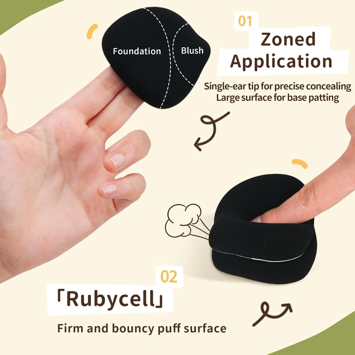 Panda Air Marshmallow Puff,Makeup Sponge,Rubycell Material,Pointed Tip for Concealer + Flat Side for Foundation, Longwear Makeup, Travel Friendly & Reusable,2pcs Puffs & Storage Case