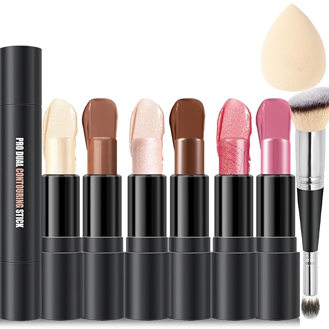 6 Colors Cream Contour Stick Makeup Kit, Shades with Highlighter, Blush and Double-End Bronzer Contour Stick for Sculpt the Cheeks, Long Lasting, Waterproof, Matte & Dewy Finish(SET A)