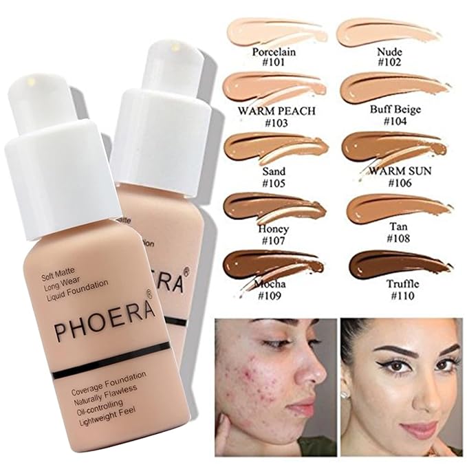 2 Pack PHOERA Foundation Sand 105 and Face Primer, Liquid Full Coverage Foundation Set, Foundation Brush Powder Brush,5 Makeup Sponge, 24HR Matte Oil Control Concealer (2pcs 105 Sand)