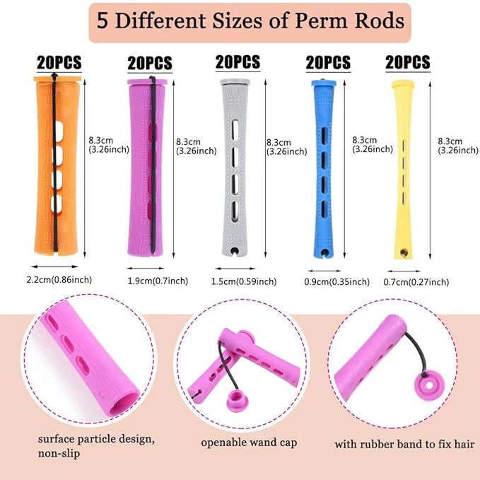 100pcs Perm Rods Set - 5 Sizes Cold Wave Rollers for Natural Curling, Styling and Hairdressing (Orange, Purple, Gray, Blue, Yellow)
