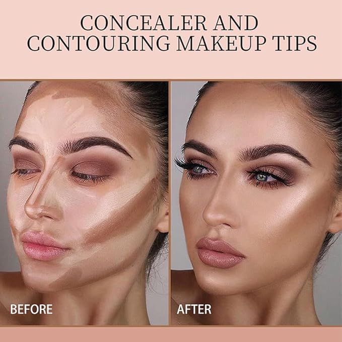 Pro Cream Highlight and Contour Palette Kit with Mirror & Brush for Women. White Silver Gold Highlight Brown Face Correcting Concealer Palette