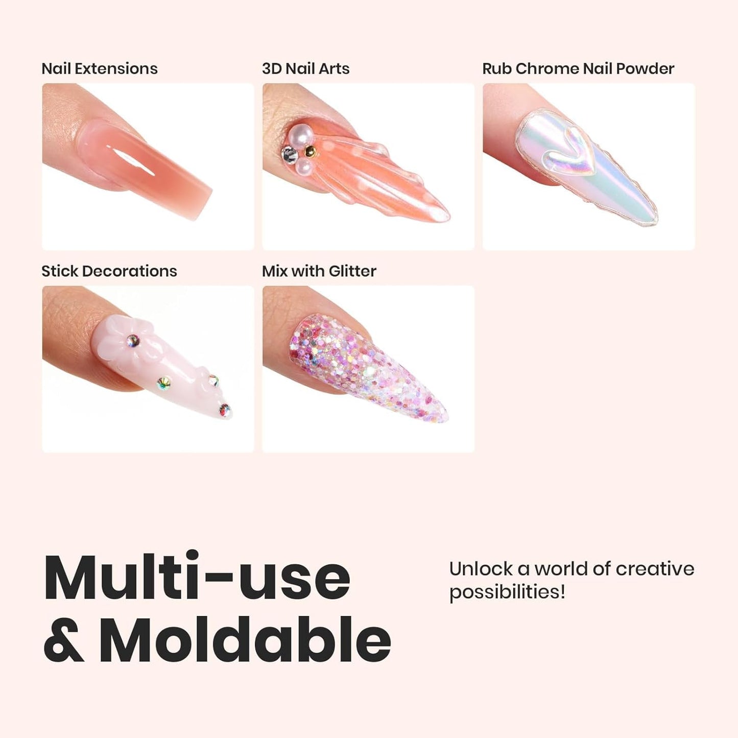 Beetles Solid Builder Gel for Nails, 20g *4 Colors Clear Pink White 3D Sculpting Gel Non-Sticky Hand Carving Nail Glue for 3D Nail Art with 3D Mold Chrome Nail Powder Tools Salon DIY at Home