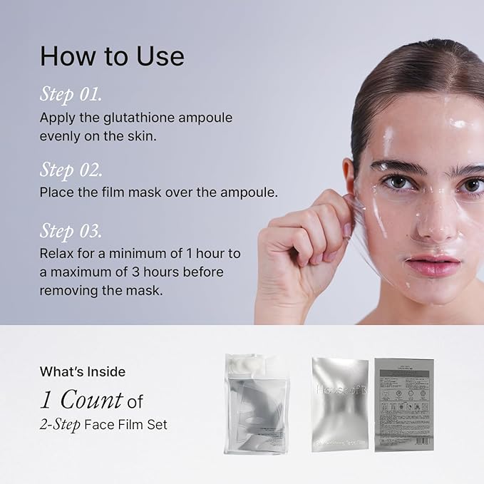 House of B Glow Glutathione 2-Step Face Film Set for Wrinkle Reduction & Skin Tone Enhancement, Shine Your Light with Korean Mask