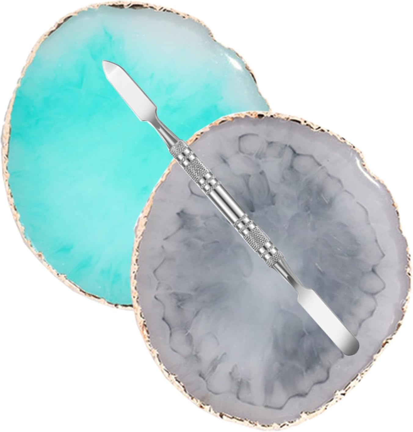 2 Pcs Resin Nail Palette Nail Polish Palette Nail Art Palette with Stainless Stirring Rod (Gray and Green)