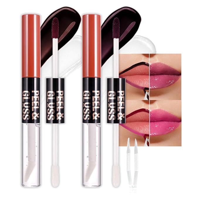2Pcs Liquid Lip Stain Peel Off Lip liner and Lip oil with Tweezer, Dual-Ended Peel Off Lip Stain Tattoo, Highly Pigmented Long Lasting Waterproof, Transfer-proof for All Skin Types, 03#+05#