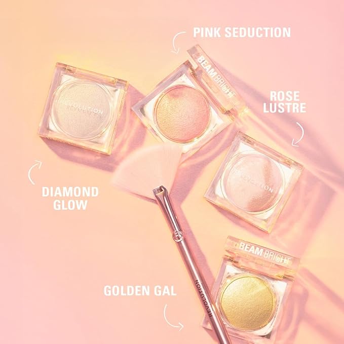 Makeup Revolution Beam Bright Highlighter, All Over Face Glow, Powder To Liquid Formula, 5 Different Shades, Rose Lustre