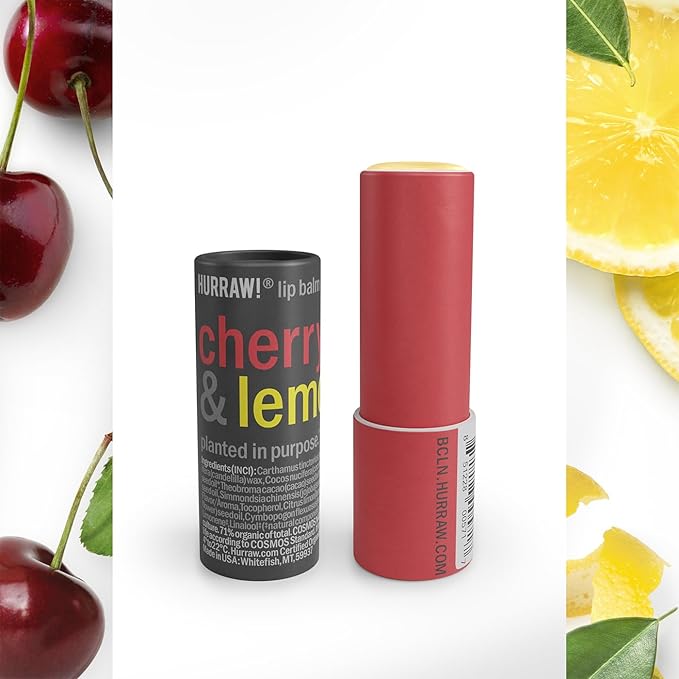 Hurraw! Cherry & Lemon Lip Balm, 3 Pack: Plastic-Free with new cardboard push-up tube. Certified Organic, All Natural Origin, Vegan & Cruelty Free. Gluten Free. Bee, Shea, Soy & Palm Free. Made in USA