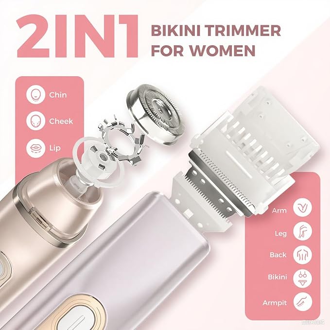 2 in 1 Bikini Trimmer for Women, Dual Head Electric Razor, IPX7 Waterproof Wet/Dry Use Women Electric Shaver, Painless Body Facial Hair Remover for Bikini Legs Arm Underarm, (Purple)