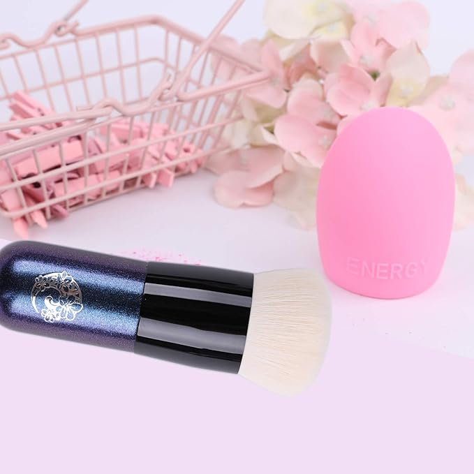 ENERGY Foundation Makeup Brush With Brush Clean Flat Top Kabuki for Face - Perfect For Blending Liquid, Cream or Flawless Powder Cosmetics - Buffing, Stippling, Concealer - Premium Quality Synthetic Dense Bristles