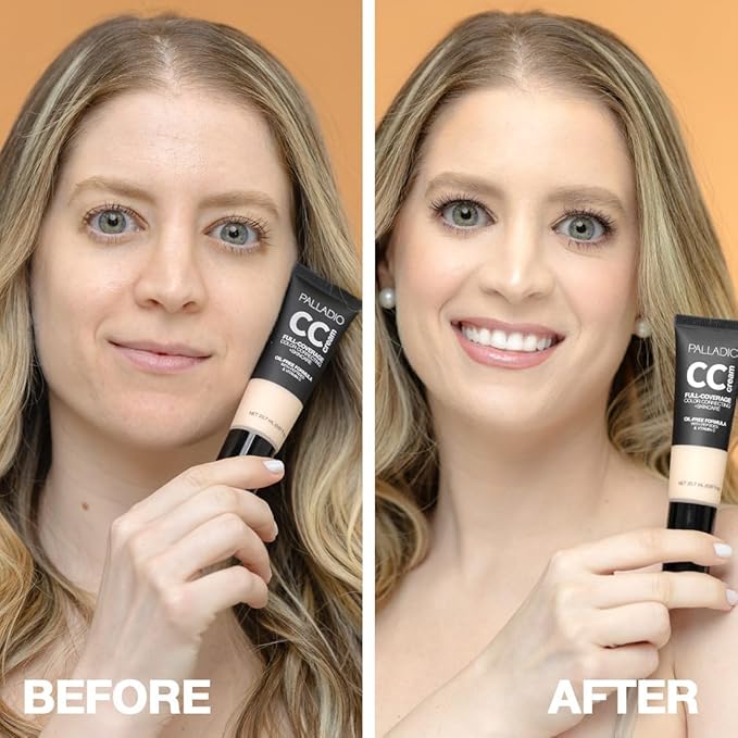 Palladio Full-Coverage Color Correction CC Cream, Oil-Free with Peptides & Vitamin C, Best for Correcting Redness and Uneven Skin Tone, Buildable Foundation Coverage (Fair 12W)