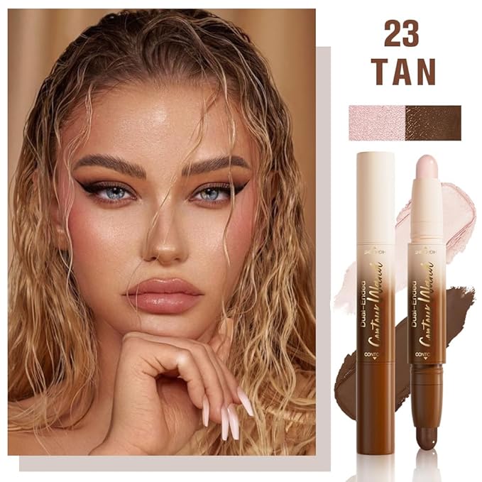 2Pcs 2in1 Cream Contour Highlighter Stick, Dual-Ended Highlighter Makeup Contour Stick, Contour Stick Dual Ended For Face Body Makeup,Long Lasting Waterproof for All Skin Tones (01+03)