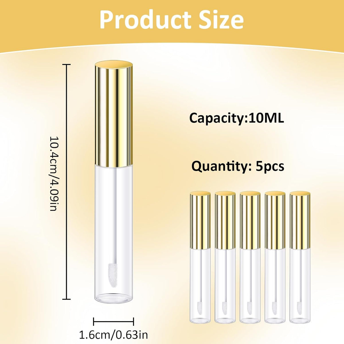 Molain 5PCS Empty Lip Gloss Tubes, 10ml Refillable Cosmetic Containers Bottles Lip Balm Bottles with Wand Concealer for Lipstick Samples, Lip Balms(Gold tube cap)
