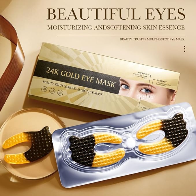 24K Gold Under Eye Patches (5 Pairs) - Black Truffle Under Eye Mask with Newly Upgraded 3D Wrap-around Design, Specifically for Canthus Wrinkles and Dryness Around the Eyes (Gold)