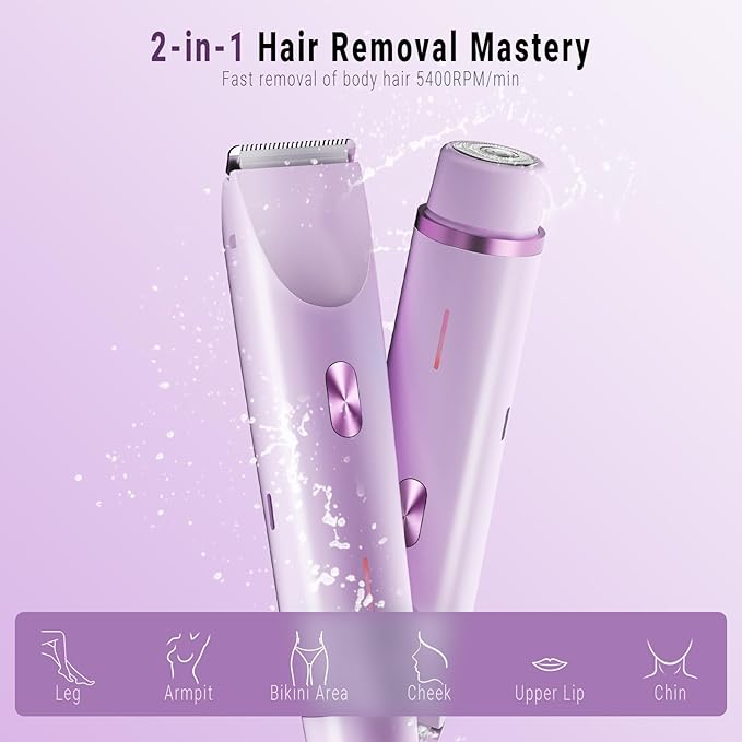2-in-1 Bikini Trimmer and Shaver Kit for Women, Electric Body Hair Trimmer Facial Hair Removal Cordless Bikini Shaver Razor for Face Lip Chin Pubic Underarm Legs, Purple