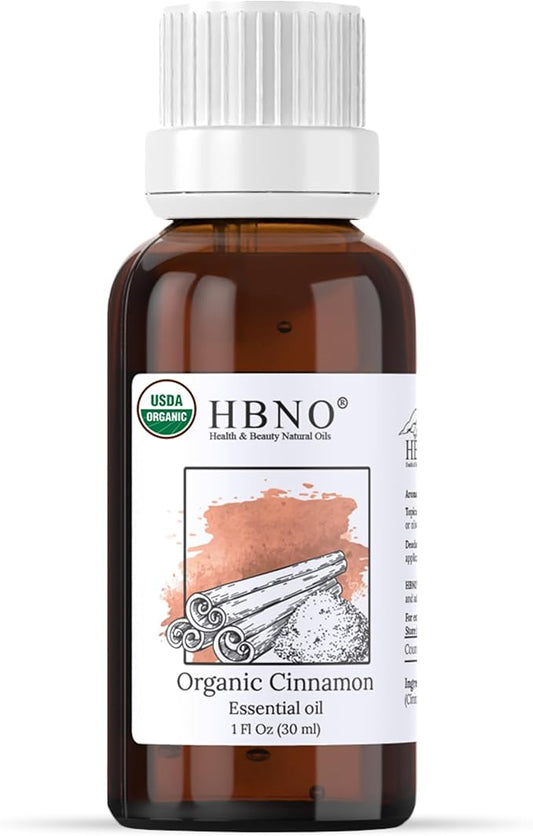 HBNO Organic Cinnamon Leaf Essential Oil - 1 oz (30ml) Travel Size - USDA Certified Organic Cinnamon Essential Oil, Perfect for Aromatherapy, Soap Making, DIY, Fragrances, Diffuser.