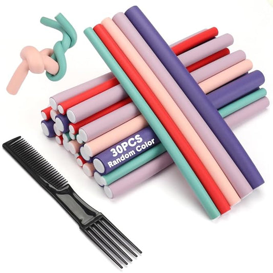 AIDUCHO Flexible Hair Curlers to Sleep in, 30PCS Flexi Rods (9.45" and 5 Sizes 0.39"-0.78"), No Heat Heatless Curling Set for Short Medium Long Hair