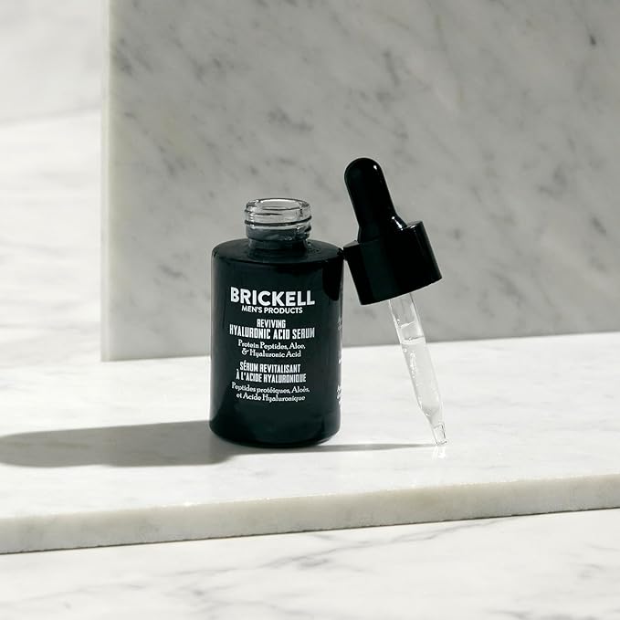 Brickell Men's Anti Aging Hyaluronic Acid Serum for Face, Reviving Day Serum for Men, Natural and Organic with Protein Peptides to Restore Firmness and Collagen, 1 Ounce, Scented