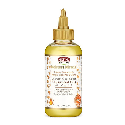 African Pride Moisture Miracle 5 Essential Hair Oils with Vitamin E | Moisture, Shine, Protection, and Growth | Argan, Castor, Grapeseed, Coconut, and Olive Oil | 4 oz