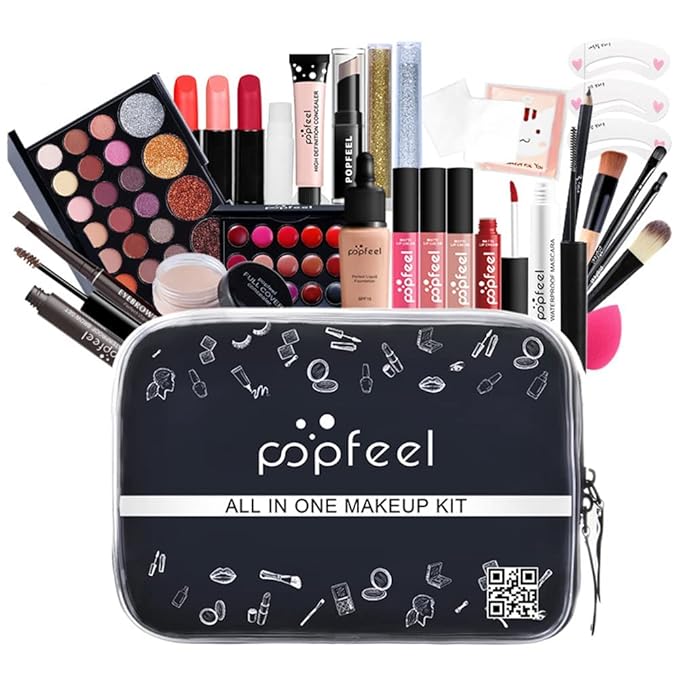 All In One Makeup Kit for Women Full Gift Surprise Makeup Set Includes Makeup Brush Set Eyeshadow Palette, Lip Gloss Set, Liquid Lipstick, Makeup Sponge, Foundation, Concealer, Eyebrow Pencil, Blush and etc (KIT004)