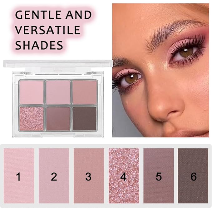 6 Colors Nude Pink Purple Matte Shimmer Eyeshadow Palette for Eye Makeup,High Pigmented Brown Eye Shadow Primers Powder Palet de sombras de ojos