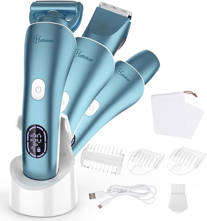 Hatteker Women's Electric Shaver Bikini Trimmer Hair Trimmer for Women Electric Razor for Legs Bikini Underarm Public Hairs Led Display IPX7 Waterproof Gift for Women (Blue)